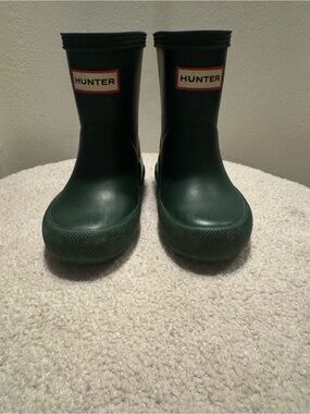 Hunter Kids Dark Green Rubber Rain Boots with Red Logo Trim